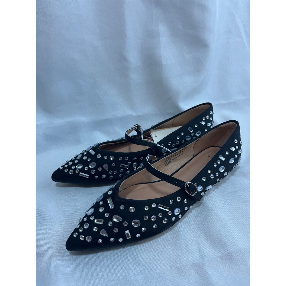 A New Day Womens Rhinestone Pointed Toe Mary Jane Flats Black Crystal Size 8.5